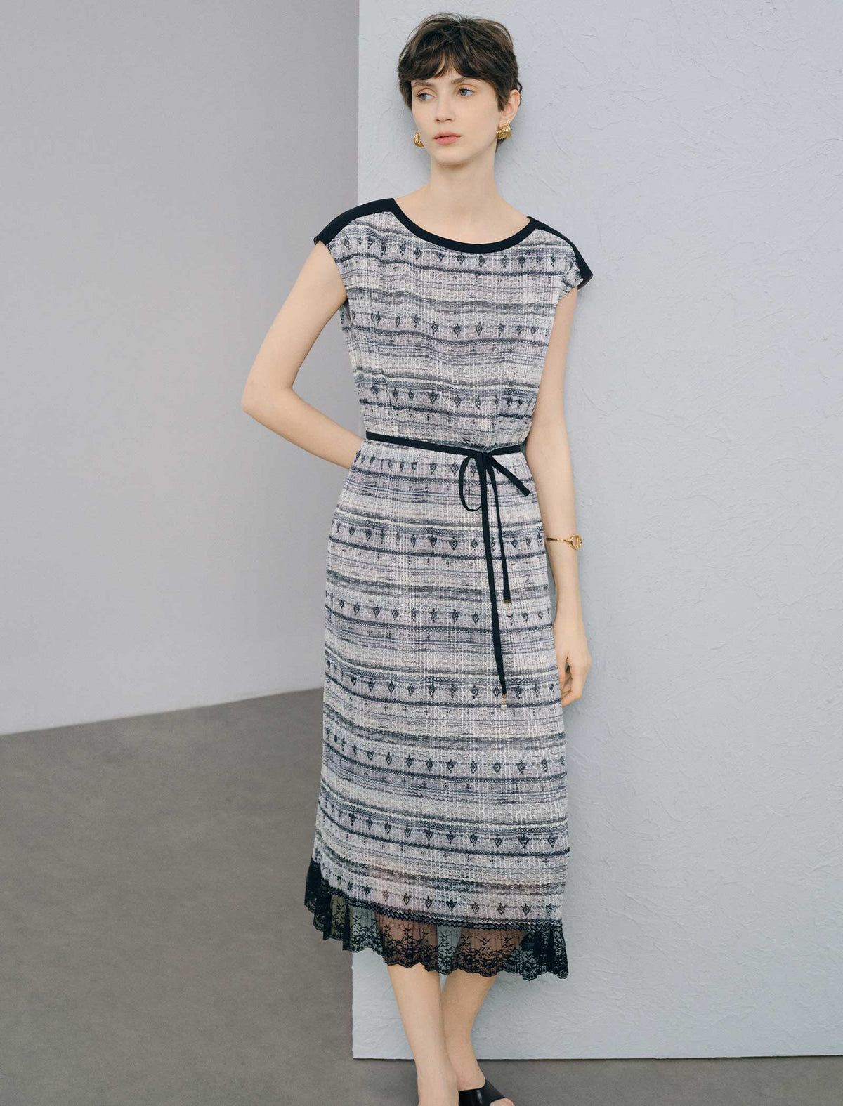 Striped Textured Lace-Hem Midi Dress
