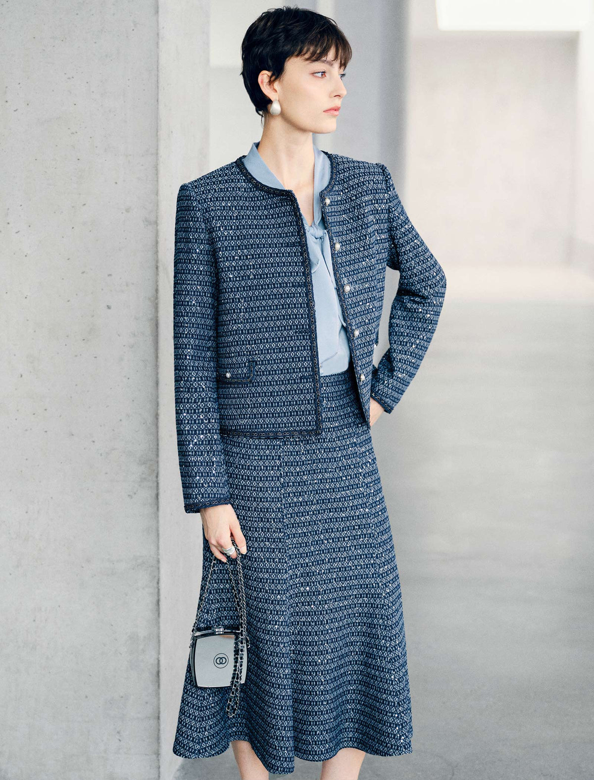 Round Neck Pearl Button Tweed Cropped Jacket