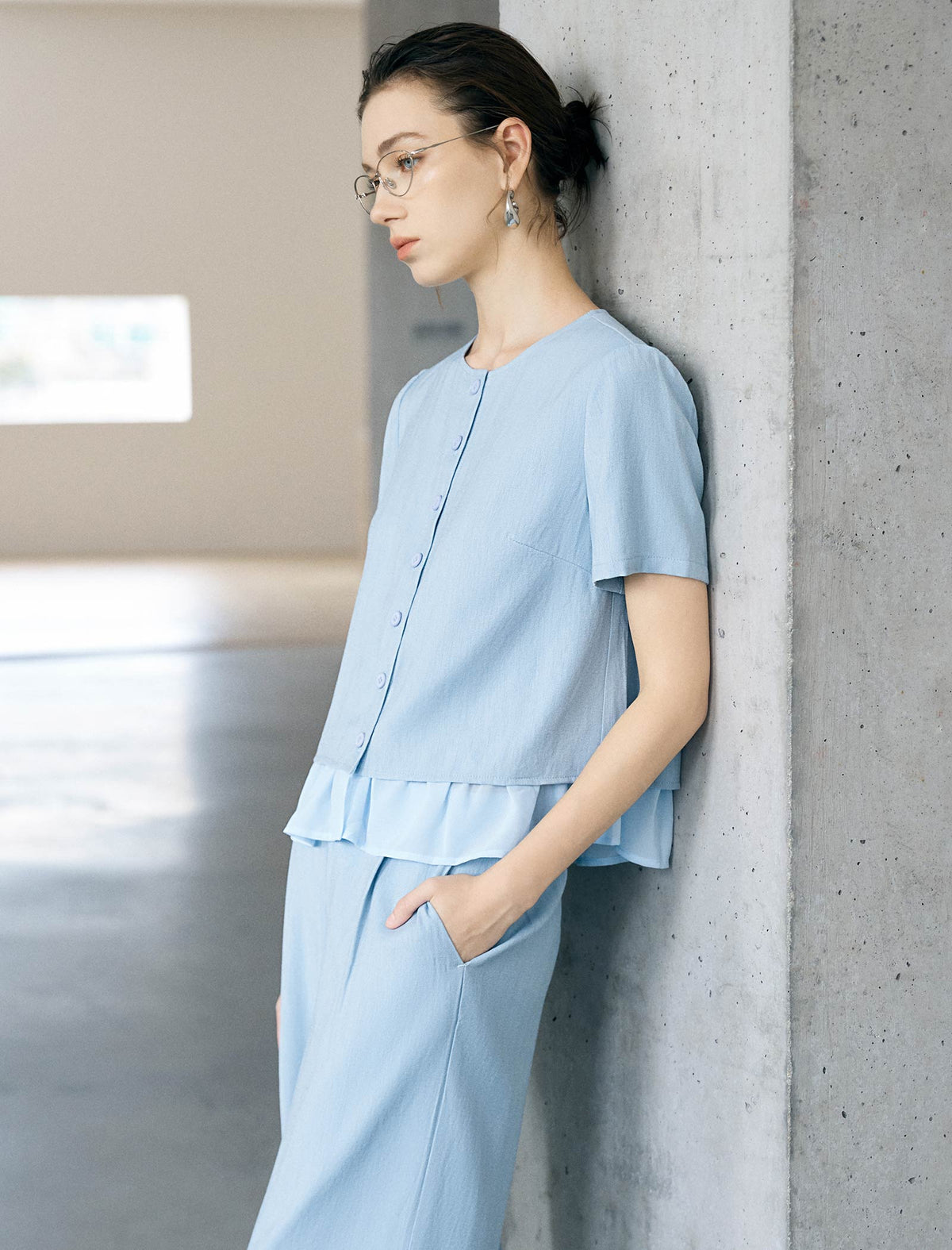 Light Blue Ruffle-Hem Short Sleeve Blouse