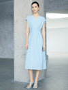 Light Blue Notched Neck Lace Waist Cap Sleeve Midi Dress