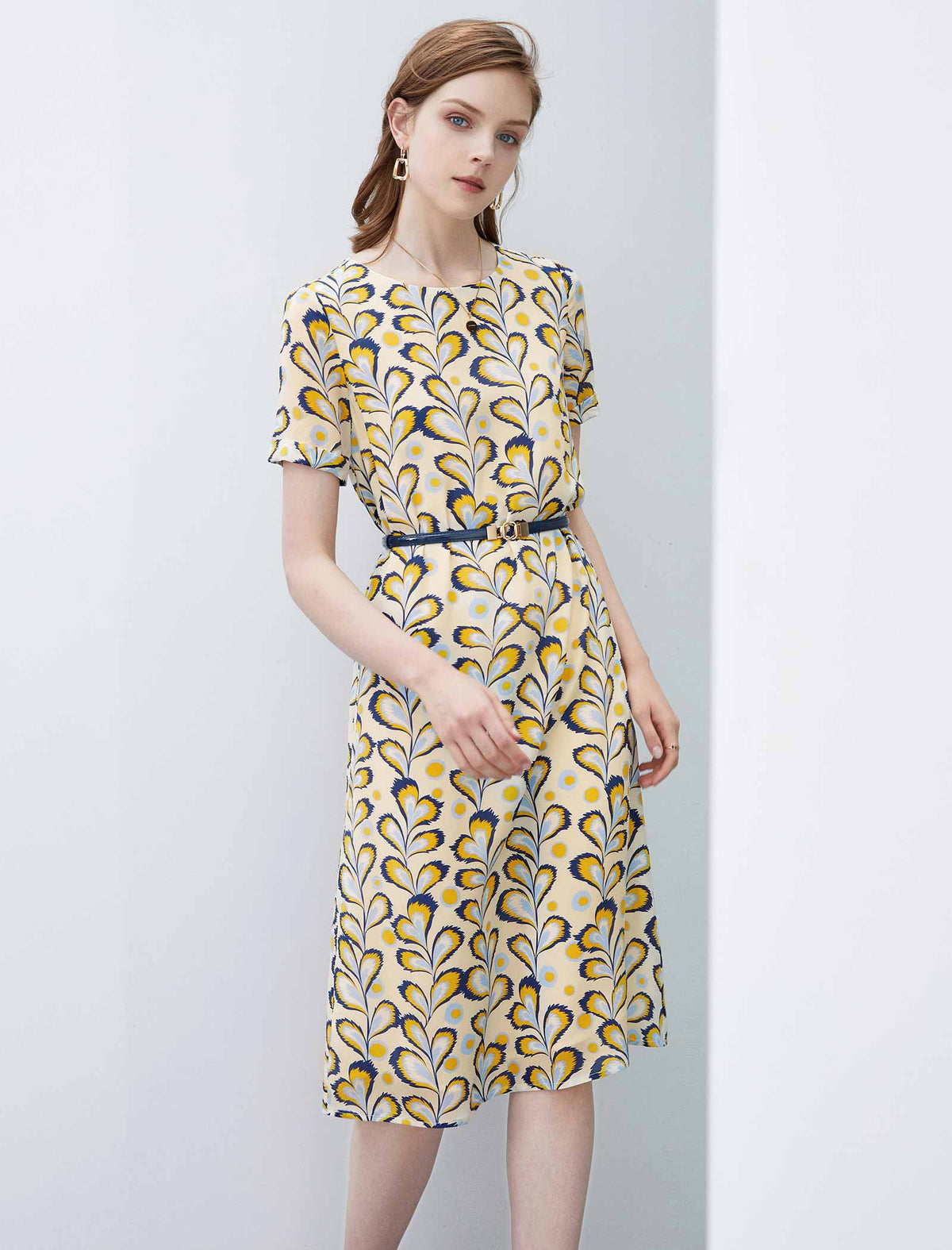 Floral Silk Waist-Cinched Dress