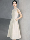 Textured Floral Sleeveless Beaded-Neckline A-Line Midi Dress