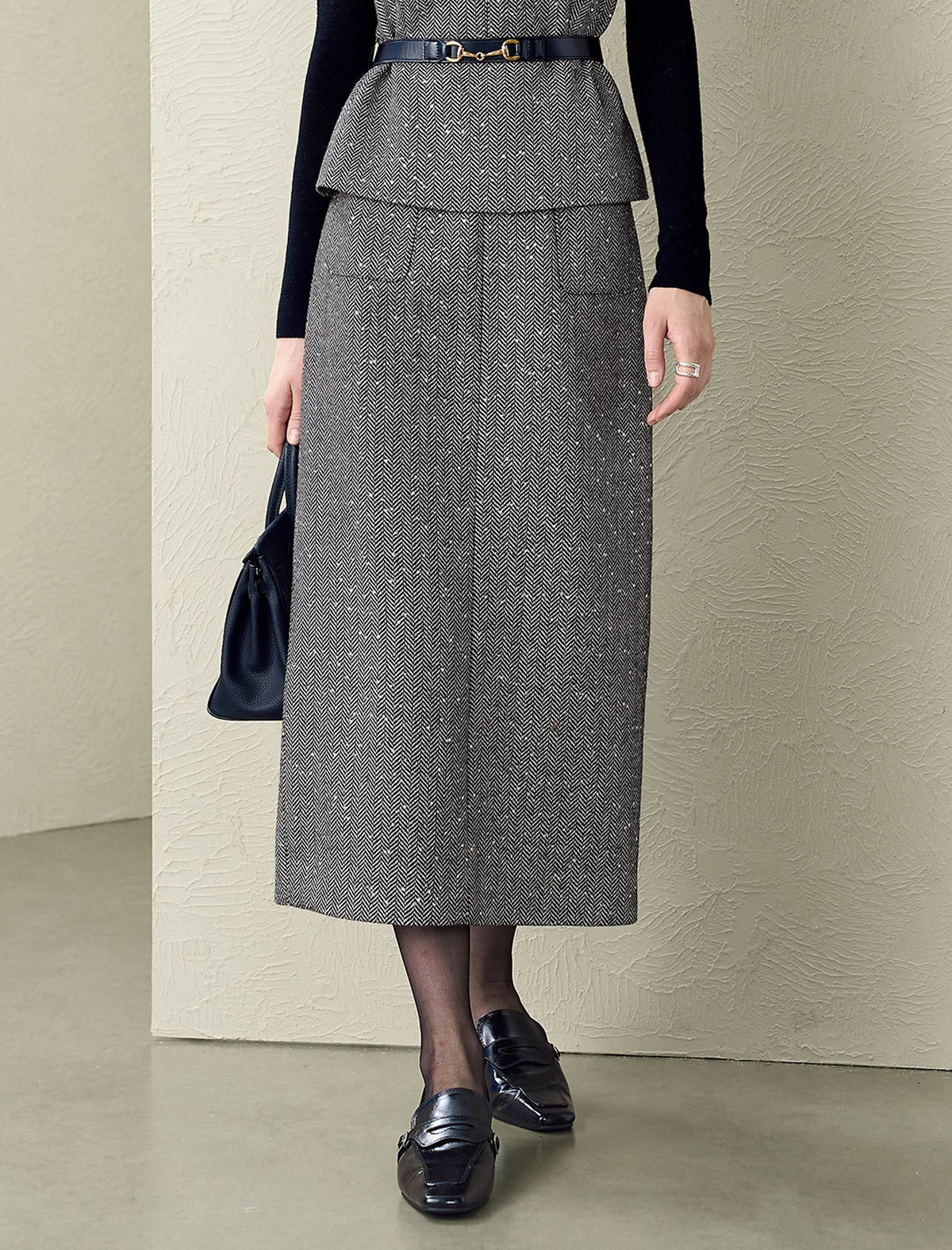 Gray Herringbone Wool-Blend Tweed Midi Skirt