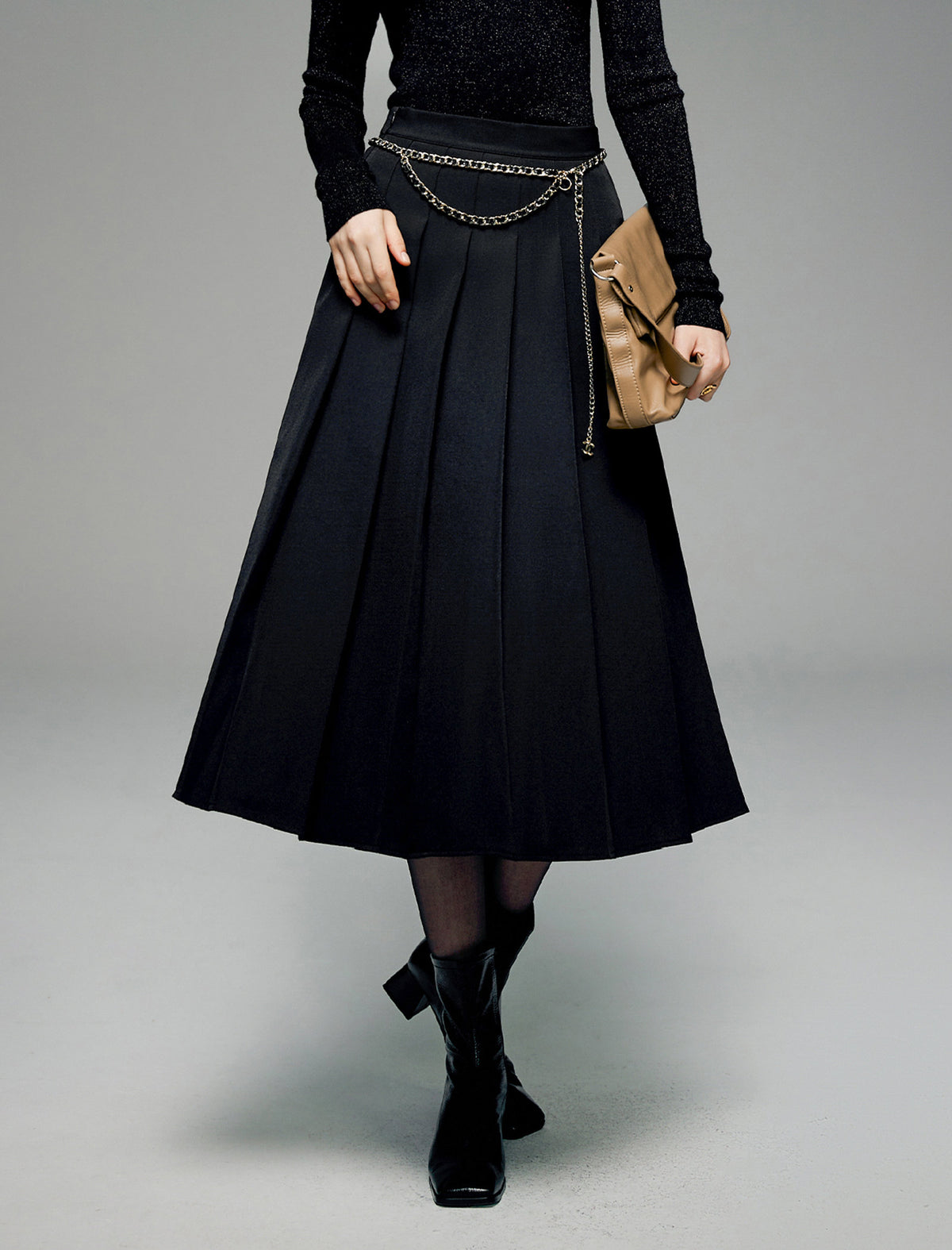 Pleated A-Line Midi Skirt