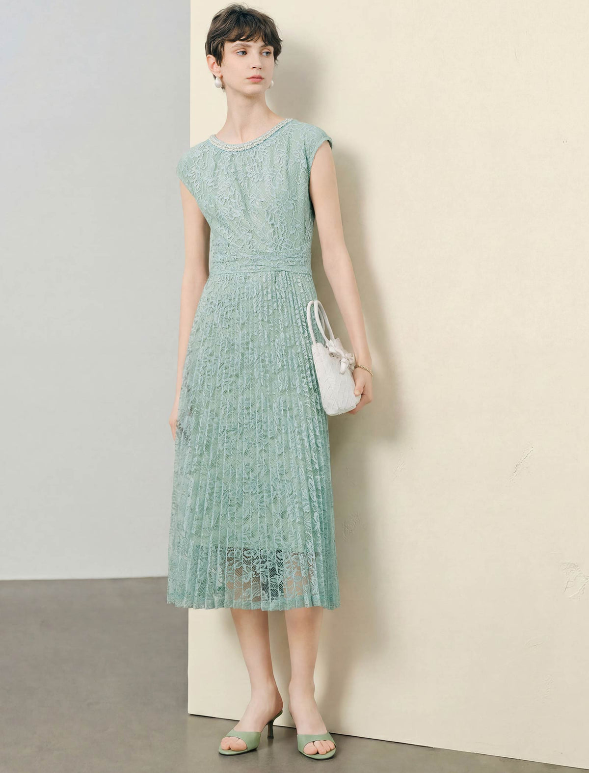 Mint Green Lace Pleated Beaded Neckline Midi Dress