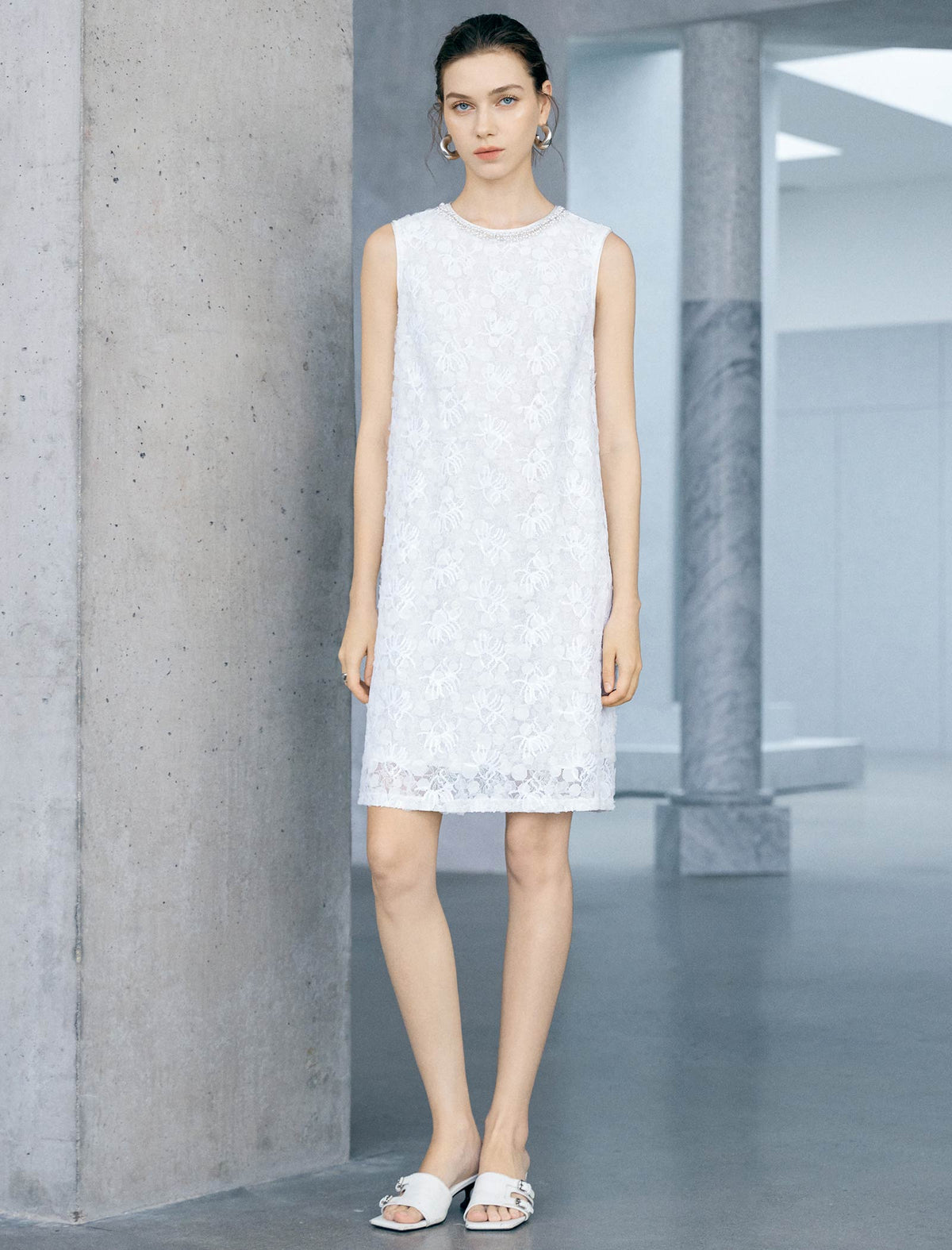 White Beaded Neck Textured Lace Sleeveless Shift Mini Dress