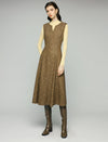 Wool Blend Shimmer Notched V-Neck Sleeveless A-Line Midi Dress