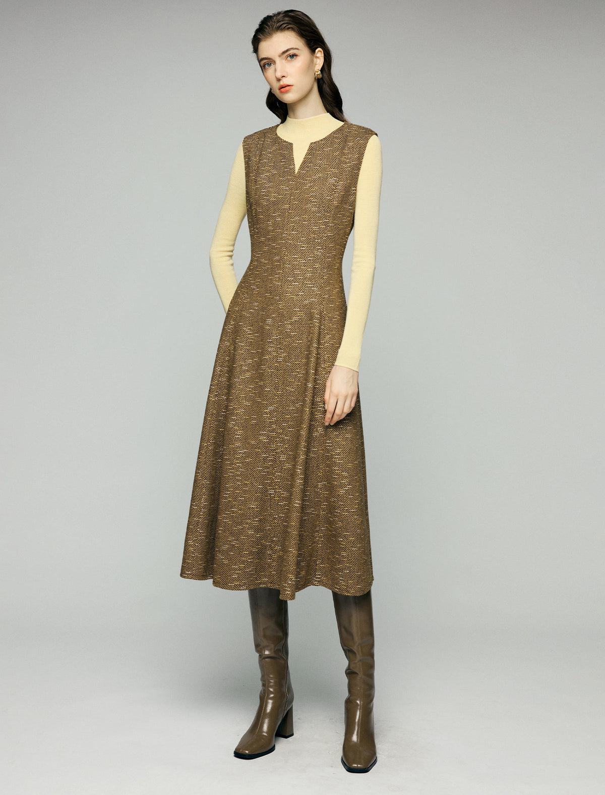 Wool Blend Shimmer Notched V-Neck Sleeveless A-Line Midi Dress