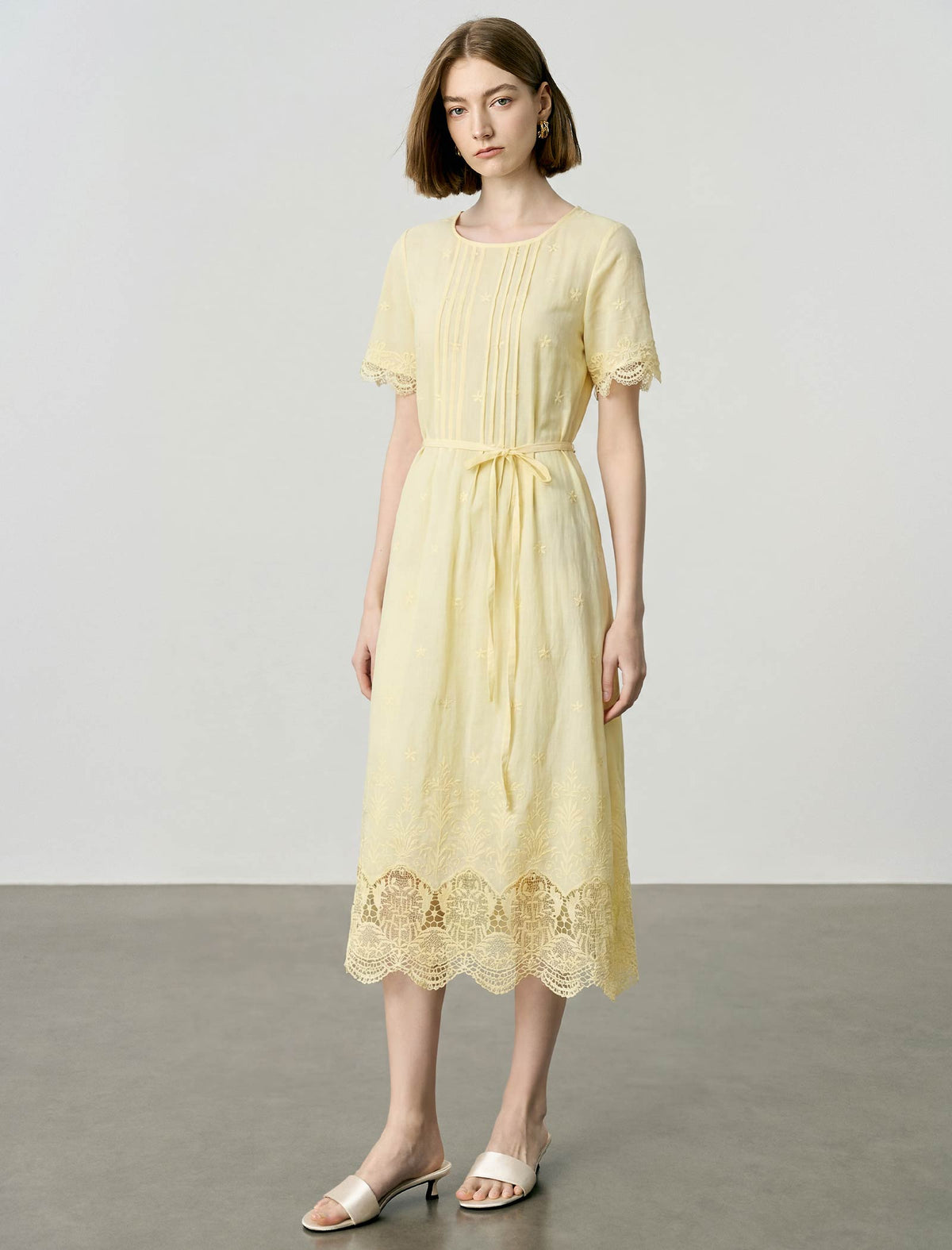 Pale Yellow Embroidery Lace Hem Tie Waist Midi Dress
