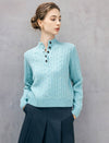 Wool Blend Cable-Knit Mock-Neck Button-Placket Sweater