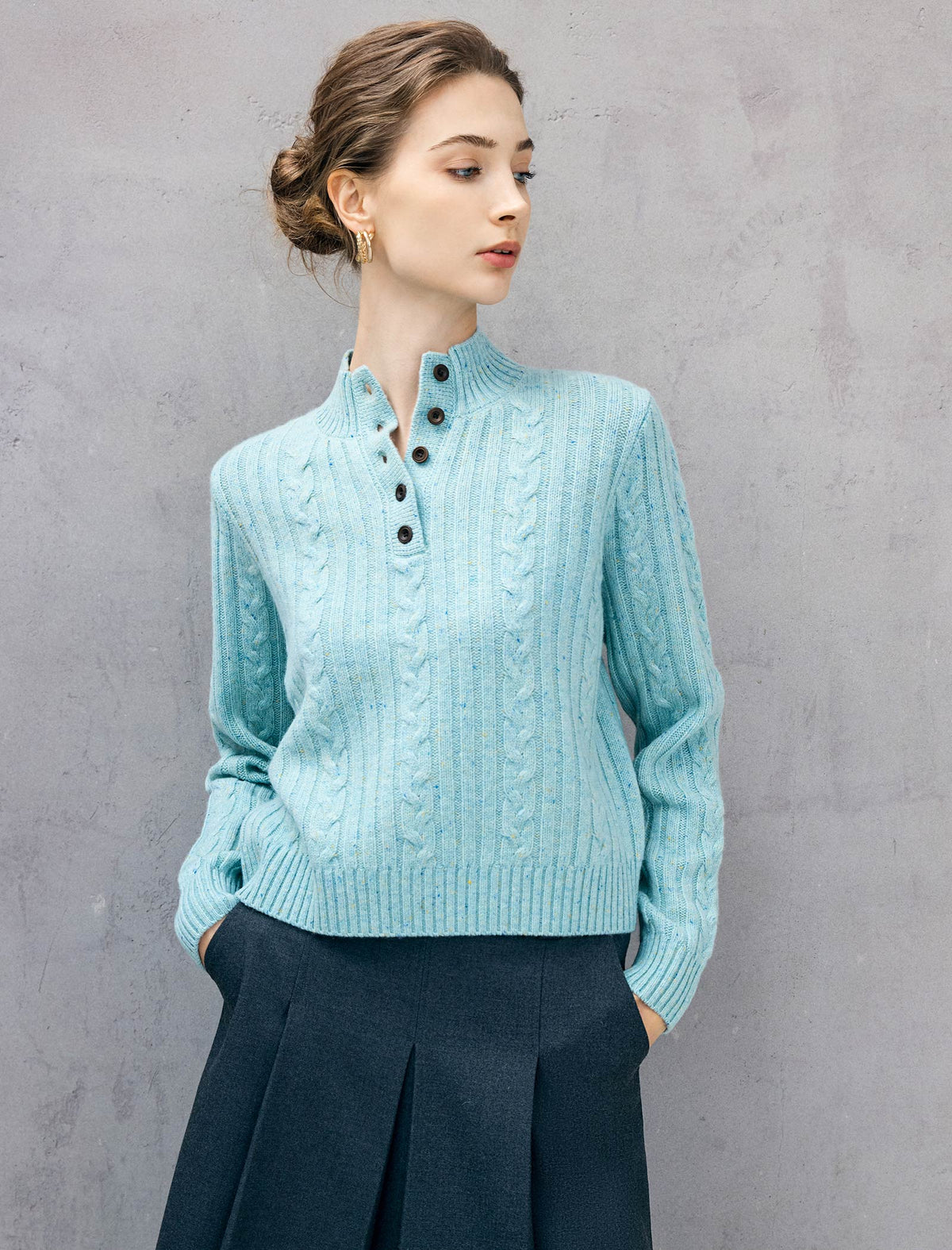 Wool Blend Cable-Knit Mock-Neck Button-Placket Sweater