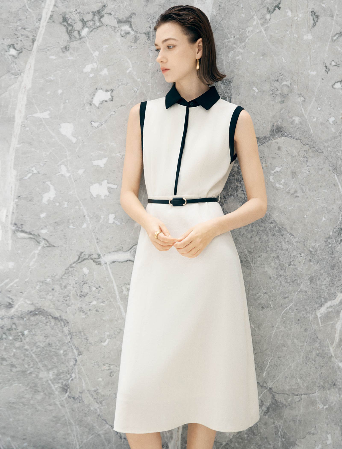 Contrast Collar Belted Midi Shirt Dress