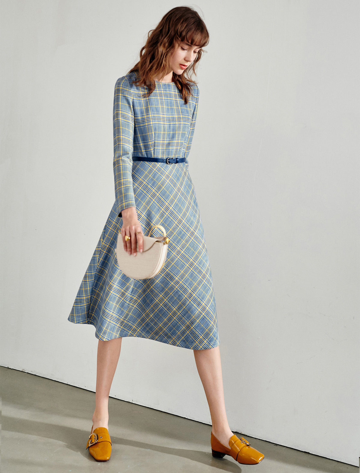 Blue Plaid Long Sleeve Midi Dress