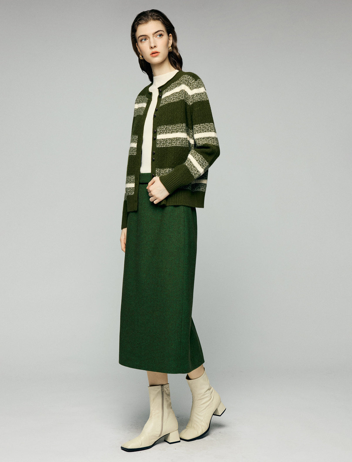 Striped Crewneck Drop-Shoulder Button-Front Cardigan
