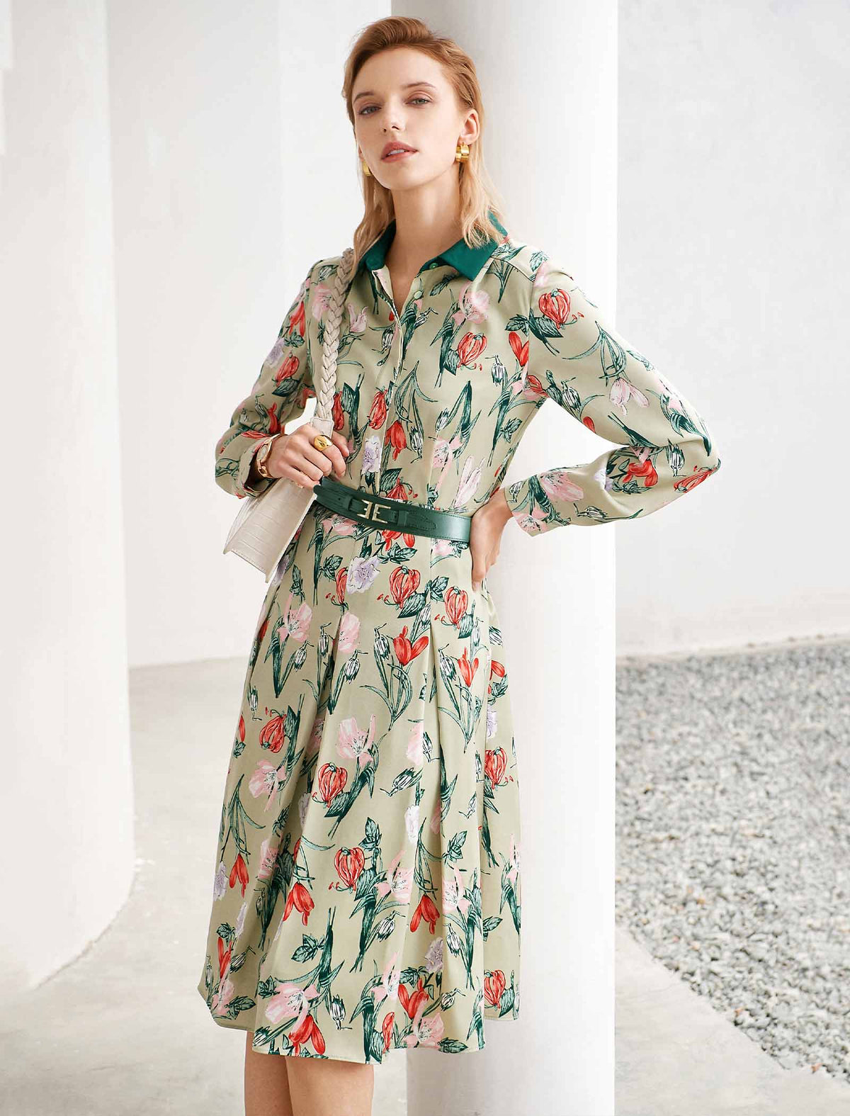 Floral Print Contrast Collar Shirt Dress