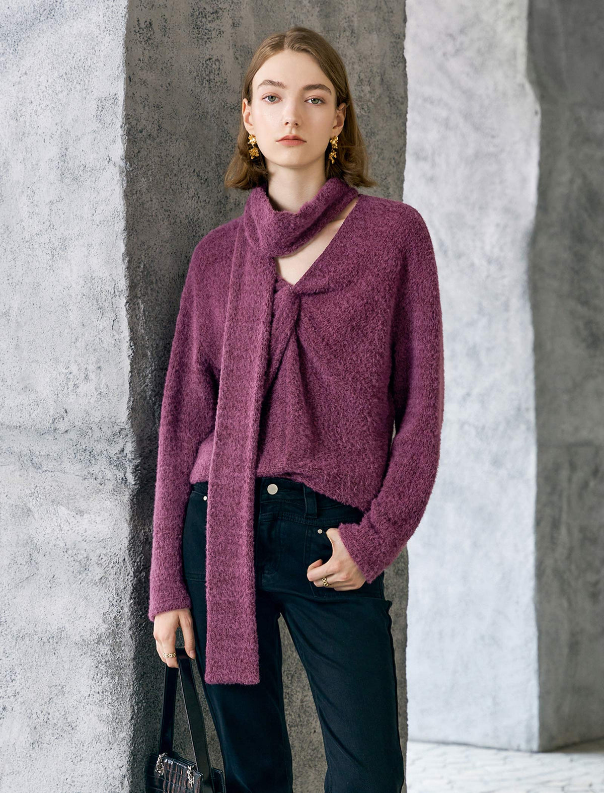 Detachable Scarf-Neck Fuzzy Knit Sweater