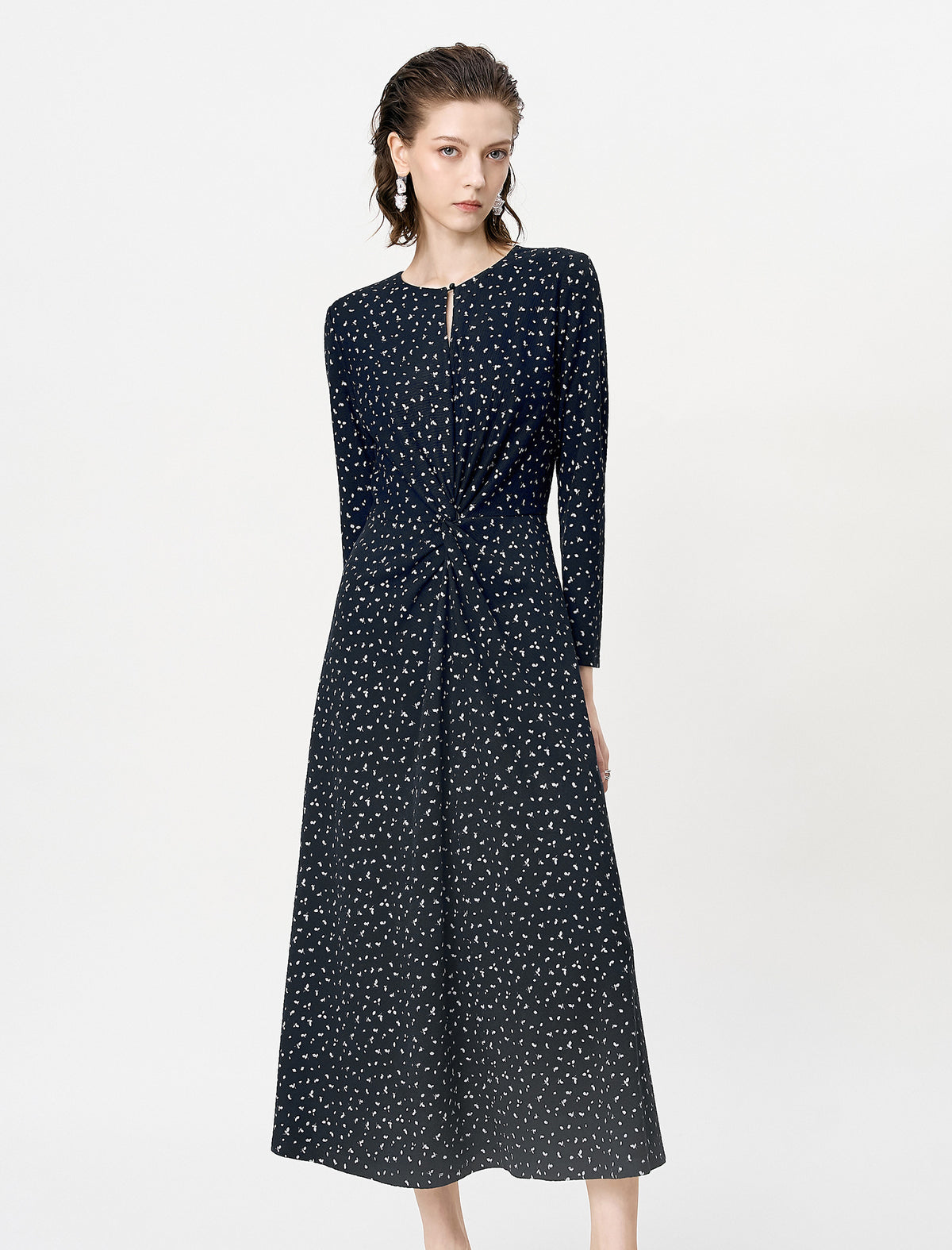 Black Ditsy Floral Long Sleeve Midi Dress
