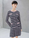 Geometric Plaid Pearl Button Long Sleeve Dress