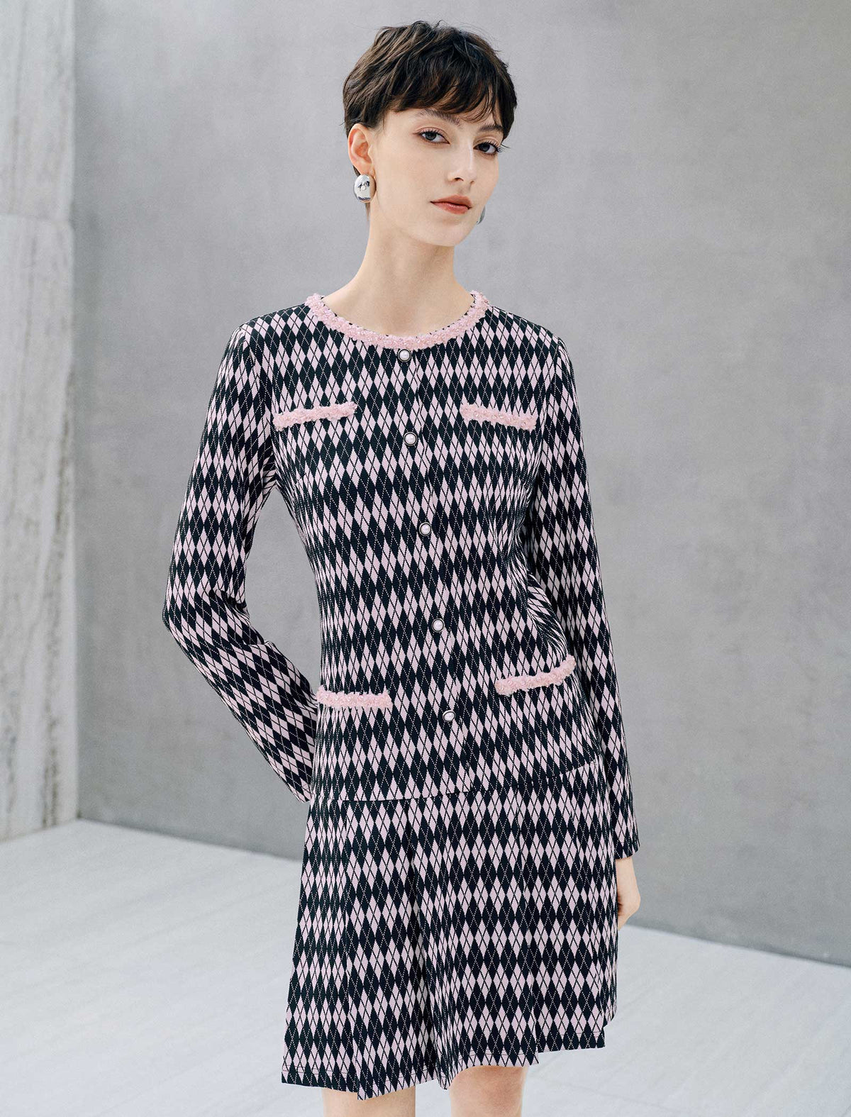 Geometric Plaid Pearl Button Long Sleeve Dress