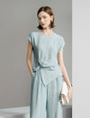 Textured Round Neck Ruched Detail Cap Sleeve Top