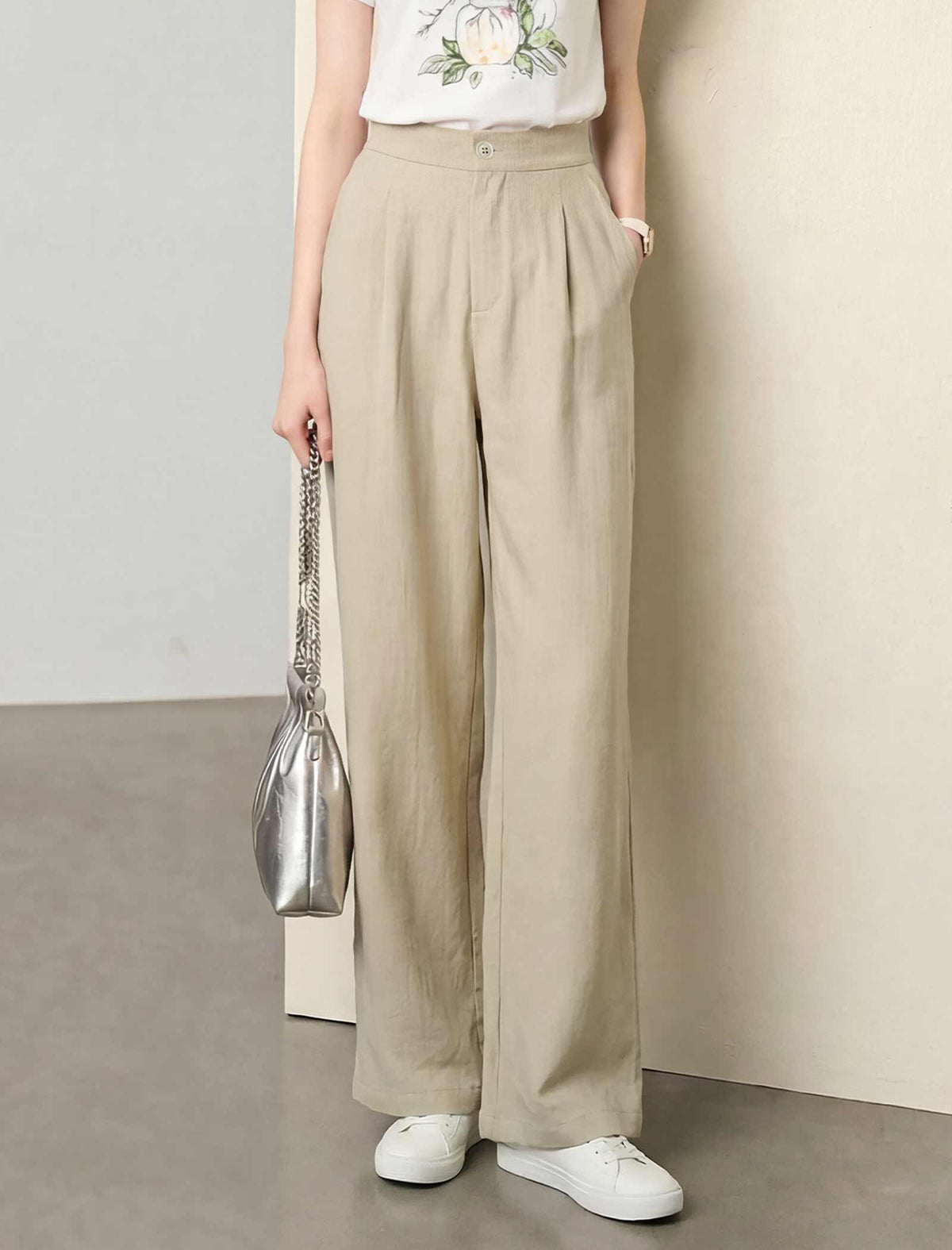 High Waist Pleated Linen Blend Wide Leg Straight Pants