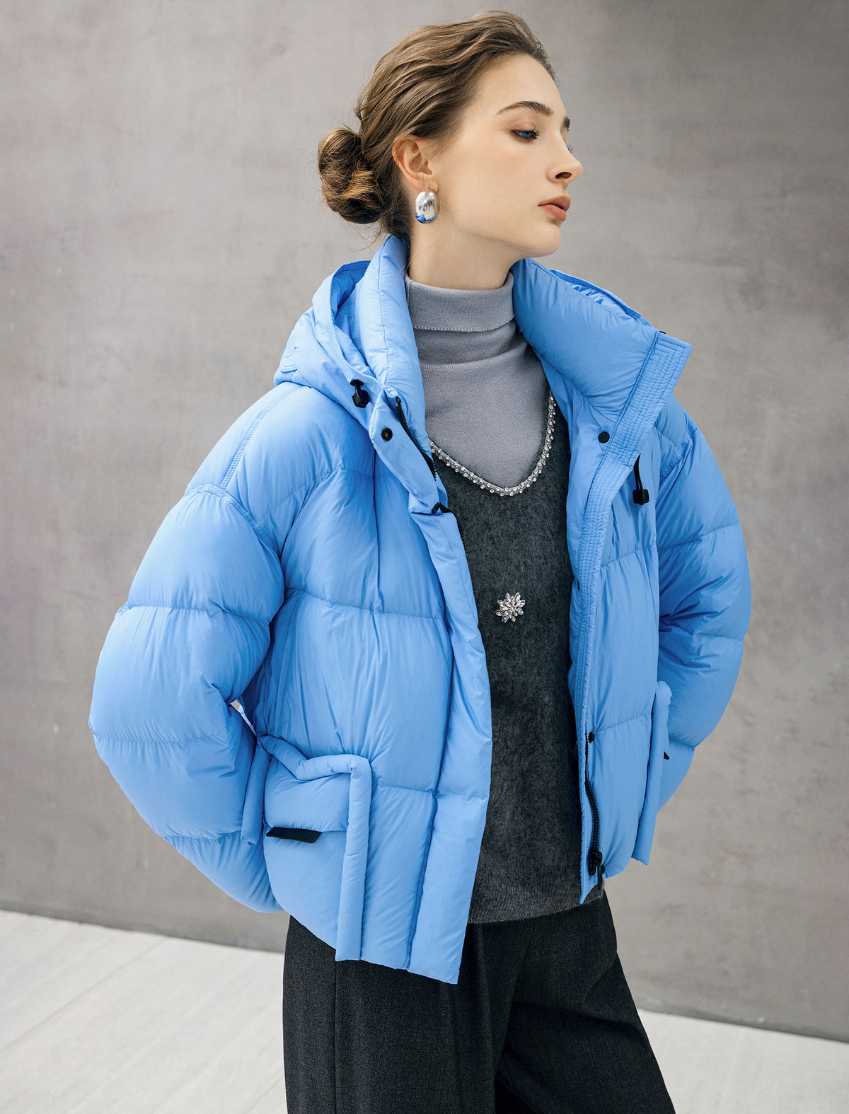 Hooded Drawstring Snap-Front Pocket Cropped Puffer Jacket