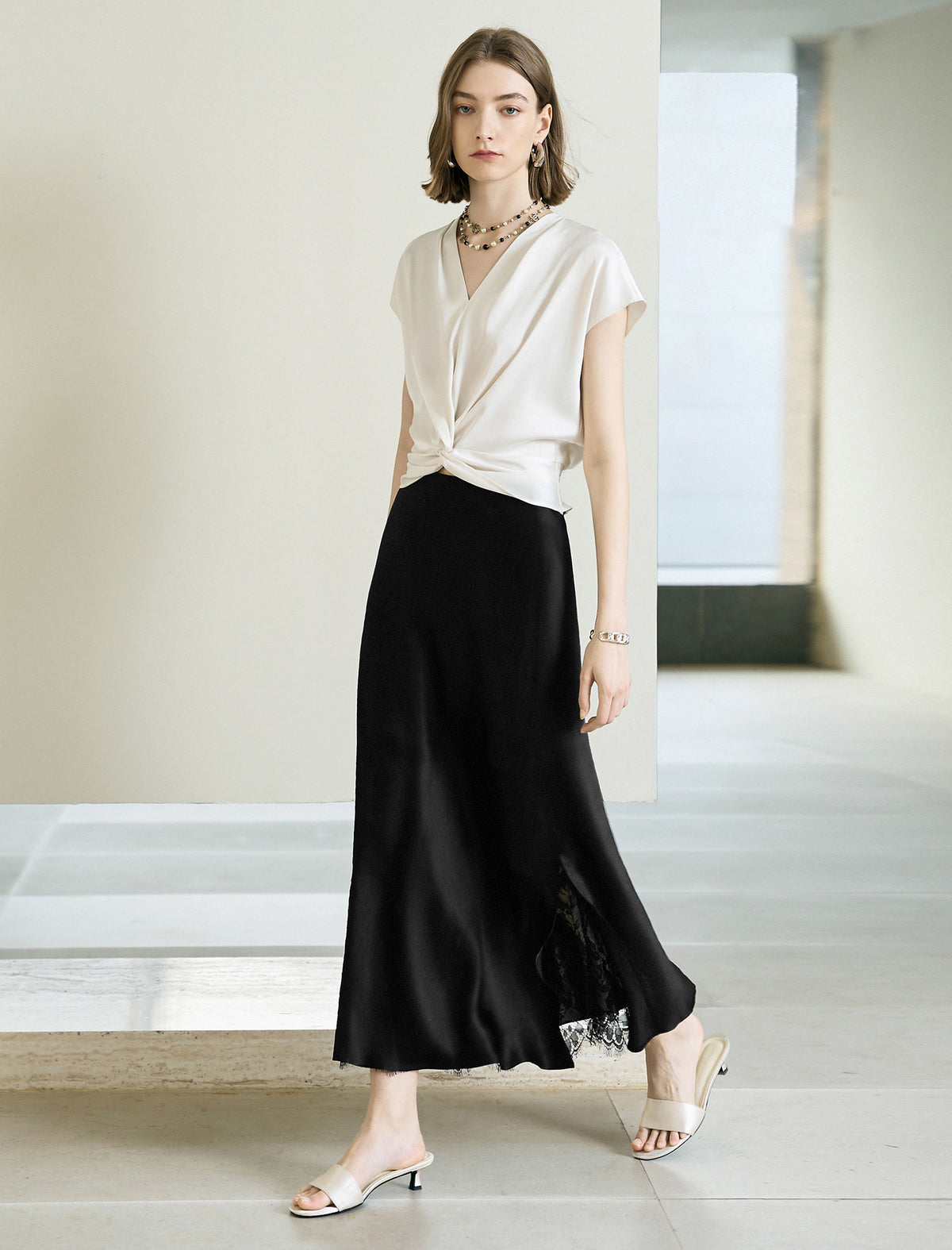 Solid Color Lace Hem Midi Skirt