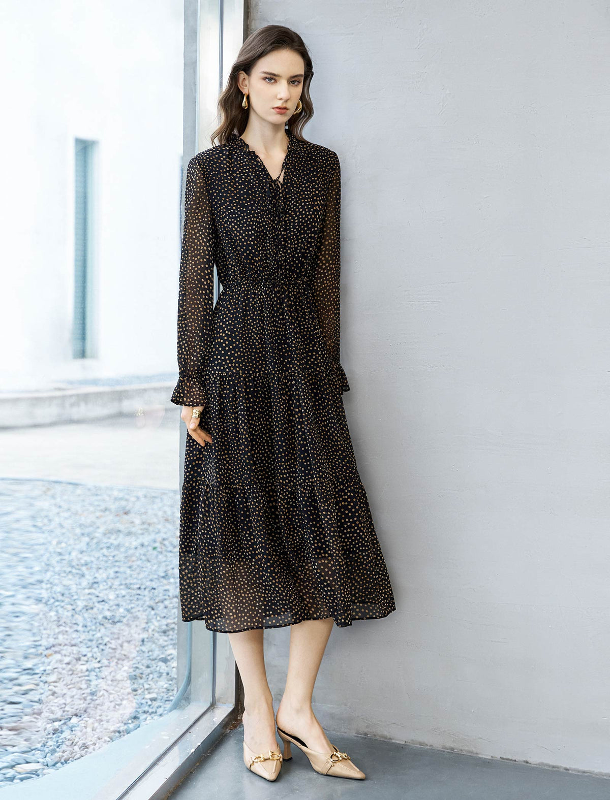 Black And Gold Dot Tiered Midi Dress