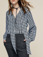 100% Mulberry Silk Houndstooth Tie-Neck Blouse