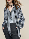 100% Mulberry Silk Houndstooth Tie-Neck Blouse