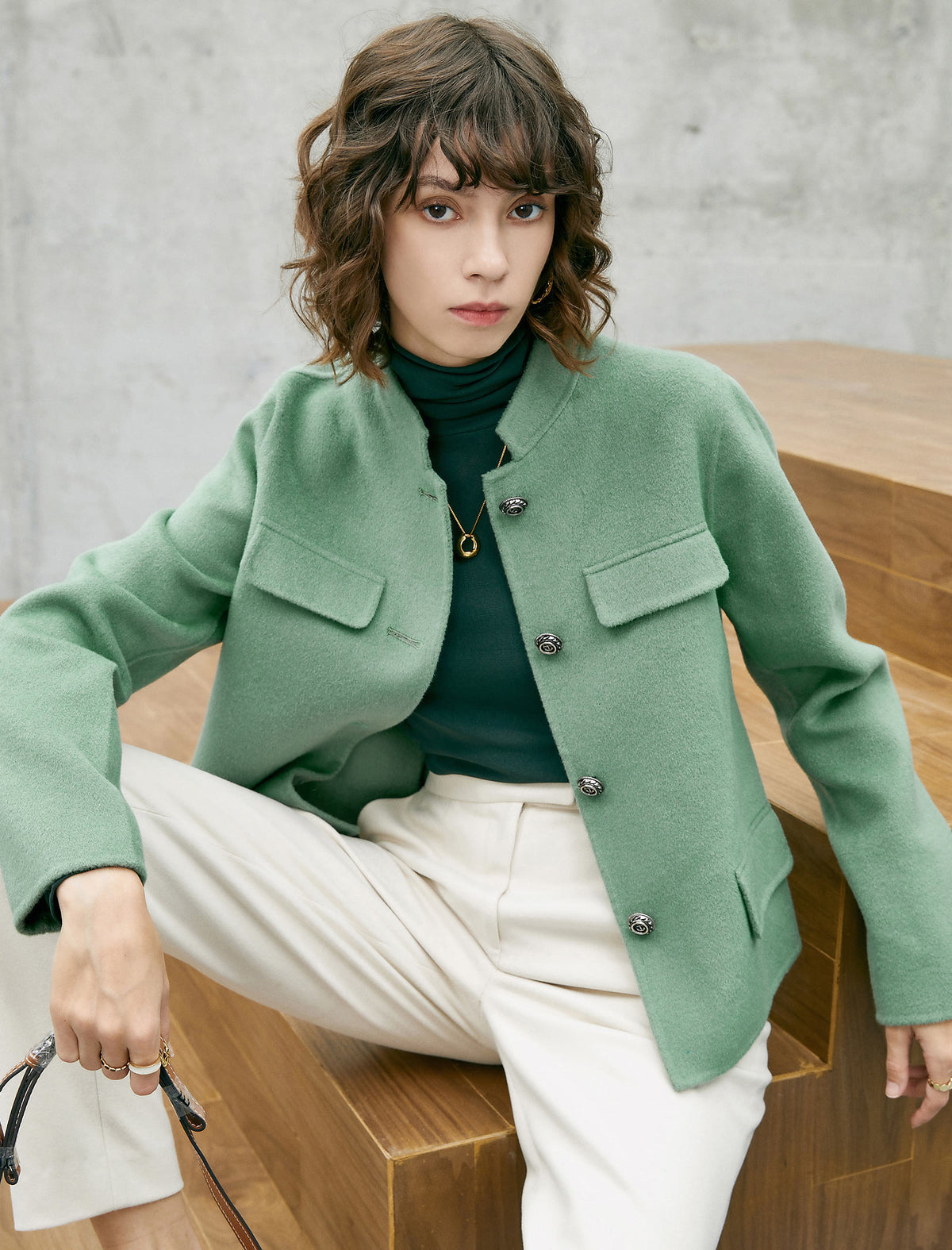 Wool Blend Button-Front Cropped Jacket