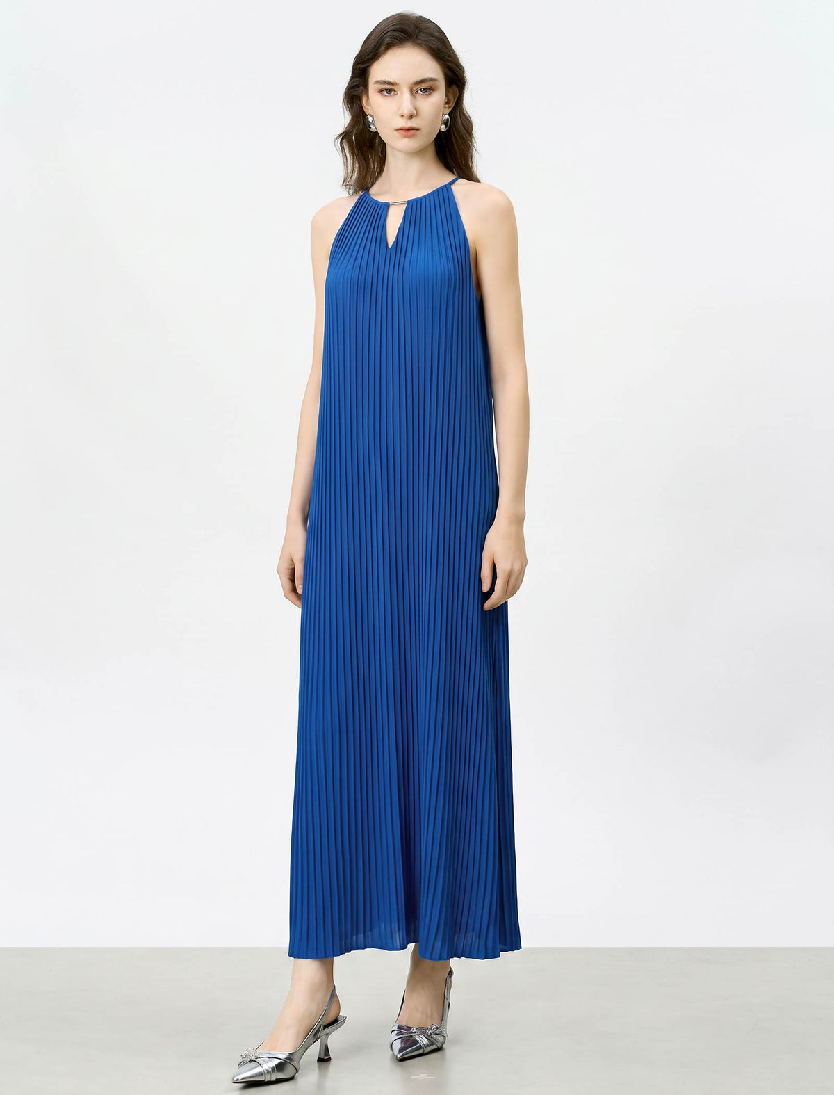 Cobalt Blue Pleated Halter Maxi Dress
