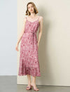 Dusty Pink Floral Print Adjustable Strap Tie Waist Midi Slip Dress