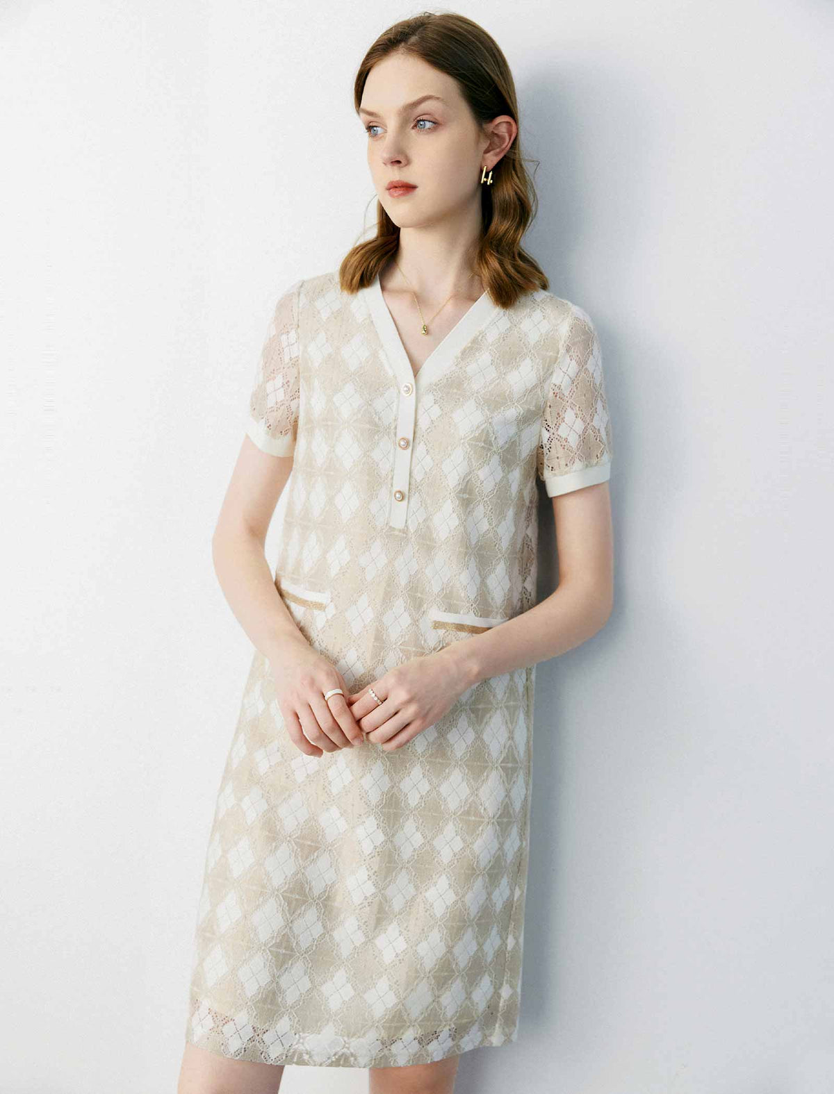 V-Neck Lace Plaid Print Dress