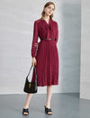 Burgundy Pleated Tie Neck Midi Dress