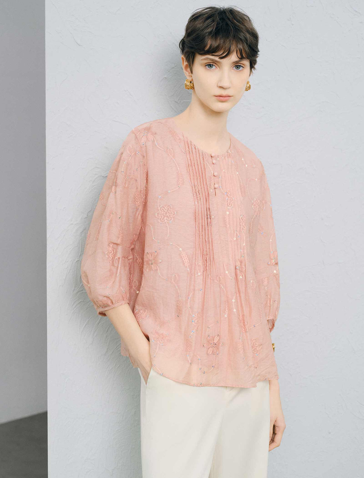 Dusty Pink Floral Embroidered Blouse