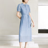 Bow Detail Puff Sleeve Pleated Midi Dress - Blue