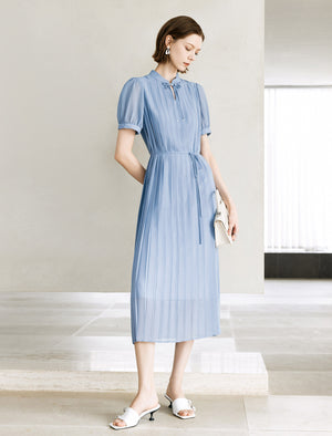 Bow Detail Puff Sleeve Pleated Midi Dress