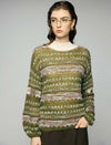 Wool Blend Shimmer Openwork Wave-Trim Crewneck Sweater
