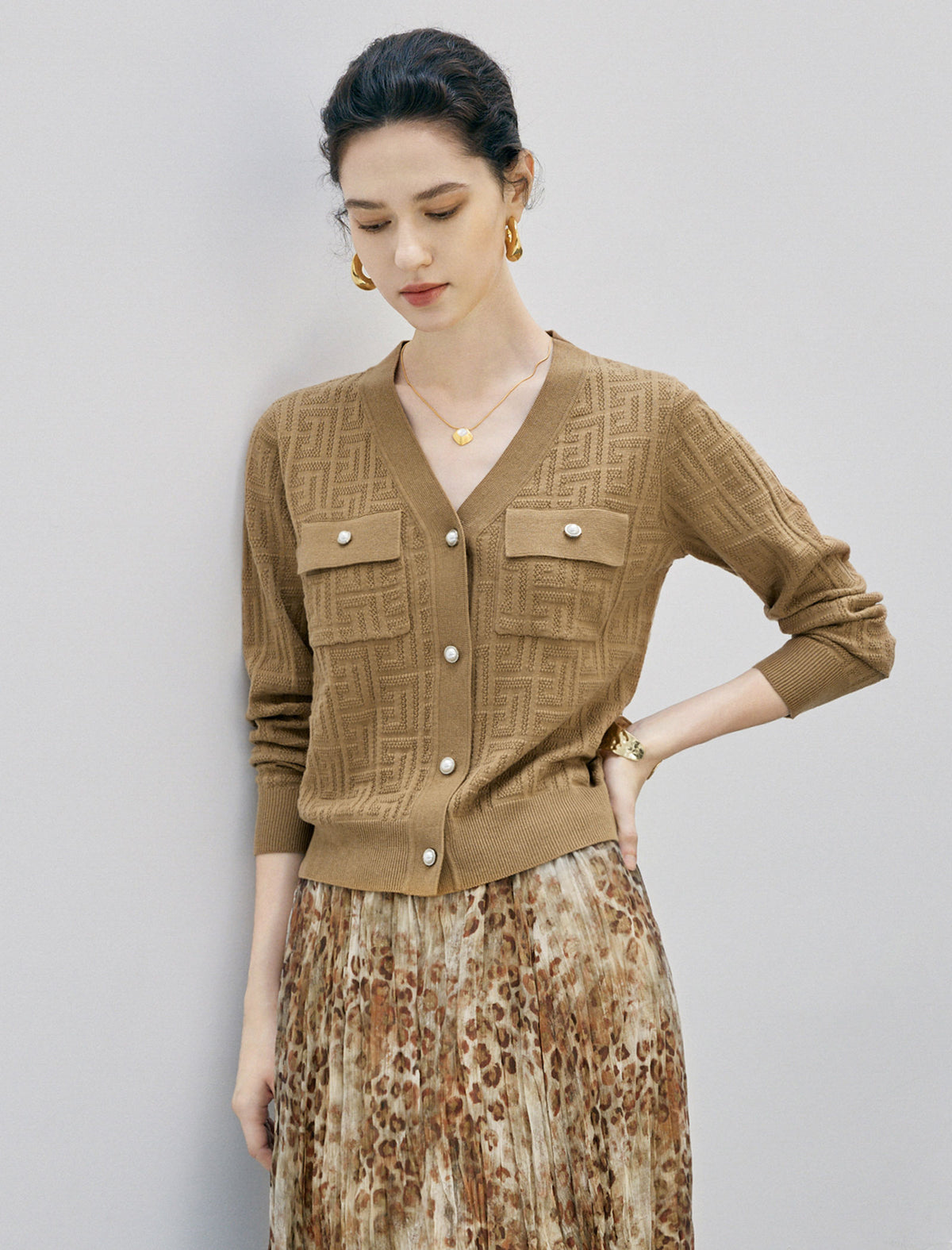 Retro Jacquard V-Neck Wool Blend Knit Cardigan
