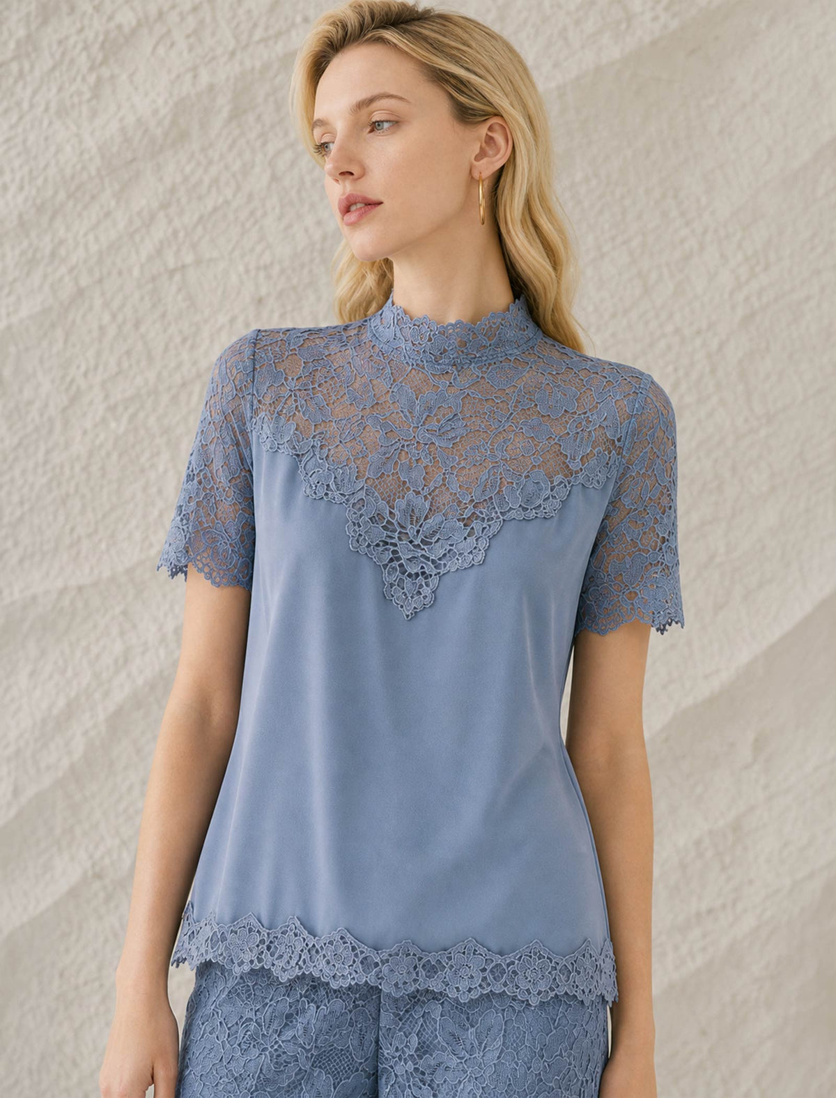 Dusty Blue High Neck Lace Panel Short Sleeve Blouse