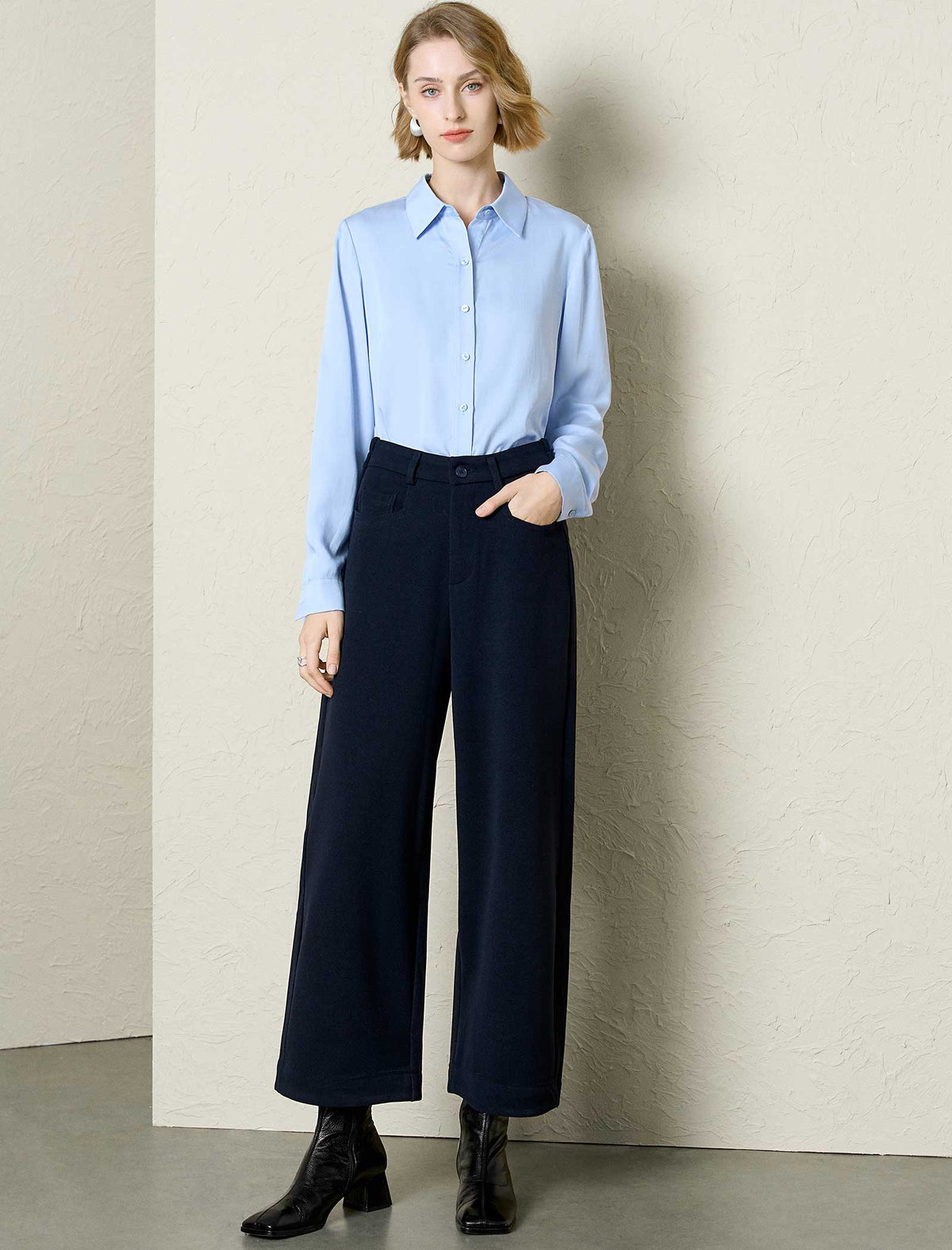 Wide-Leg Navy Ankle Pants