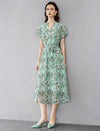 Green Floral V-Neck Tie Waist Midi Chiffon Dress