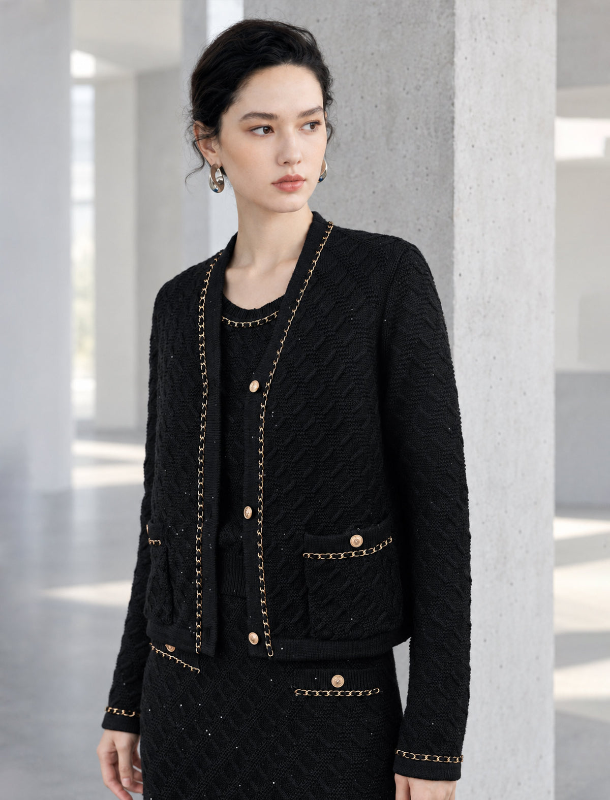 Textured Chain Trim Button Front Cardigan