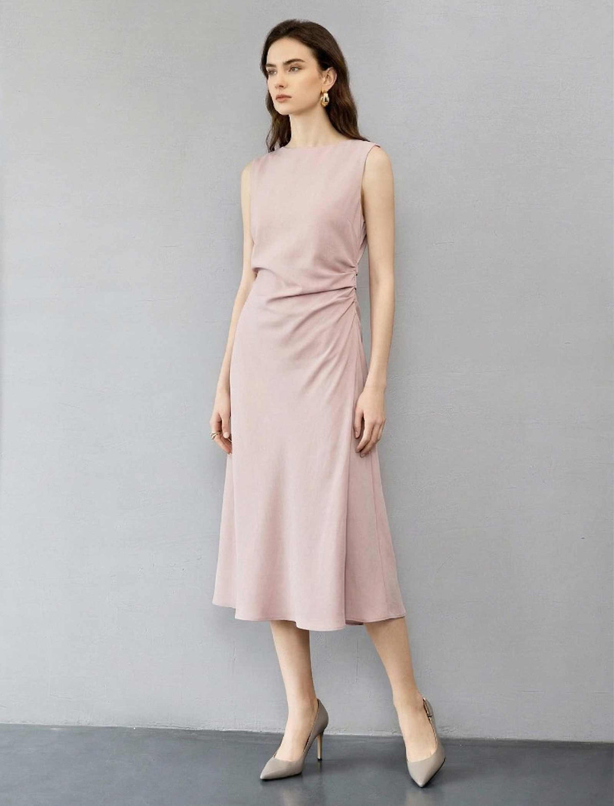 Sleek Draped Sleeveless Defined Waist Cocktail Dress