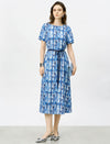 Mulberry Silk Watercolor Geometric Print Short Sleeve Tie Waist Midi Dress