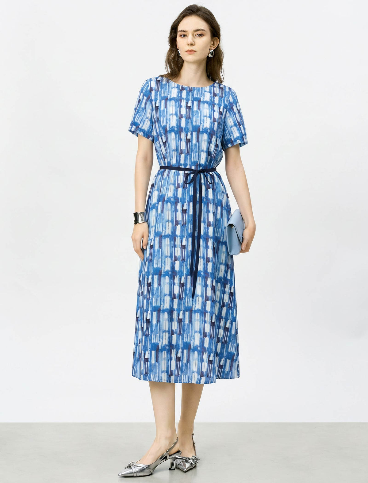 Mulberry Silk Watercolor Geometric Print Short Sleeve Tie Waist Midi Dress
