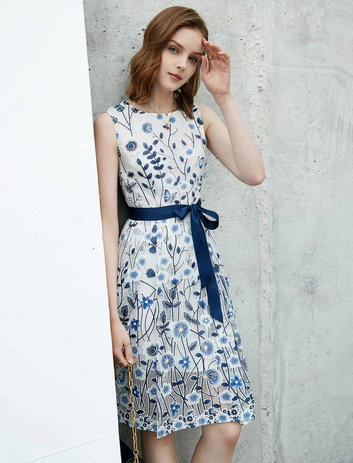 Lace Floral Waist-Cinched Sleeveless Dress