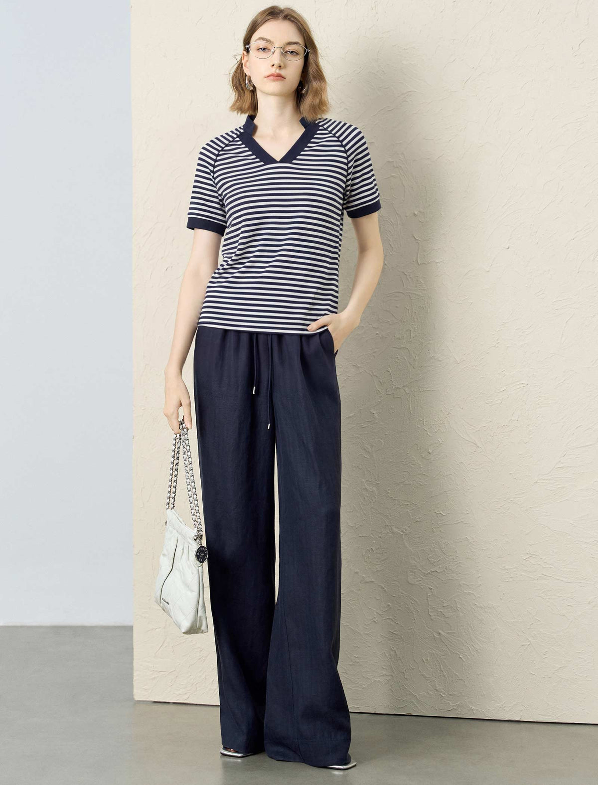 Navy White Stripe Notched V-Neck Raglan Short Sleeve Tee