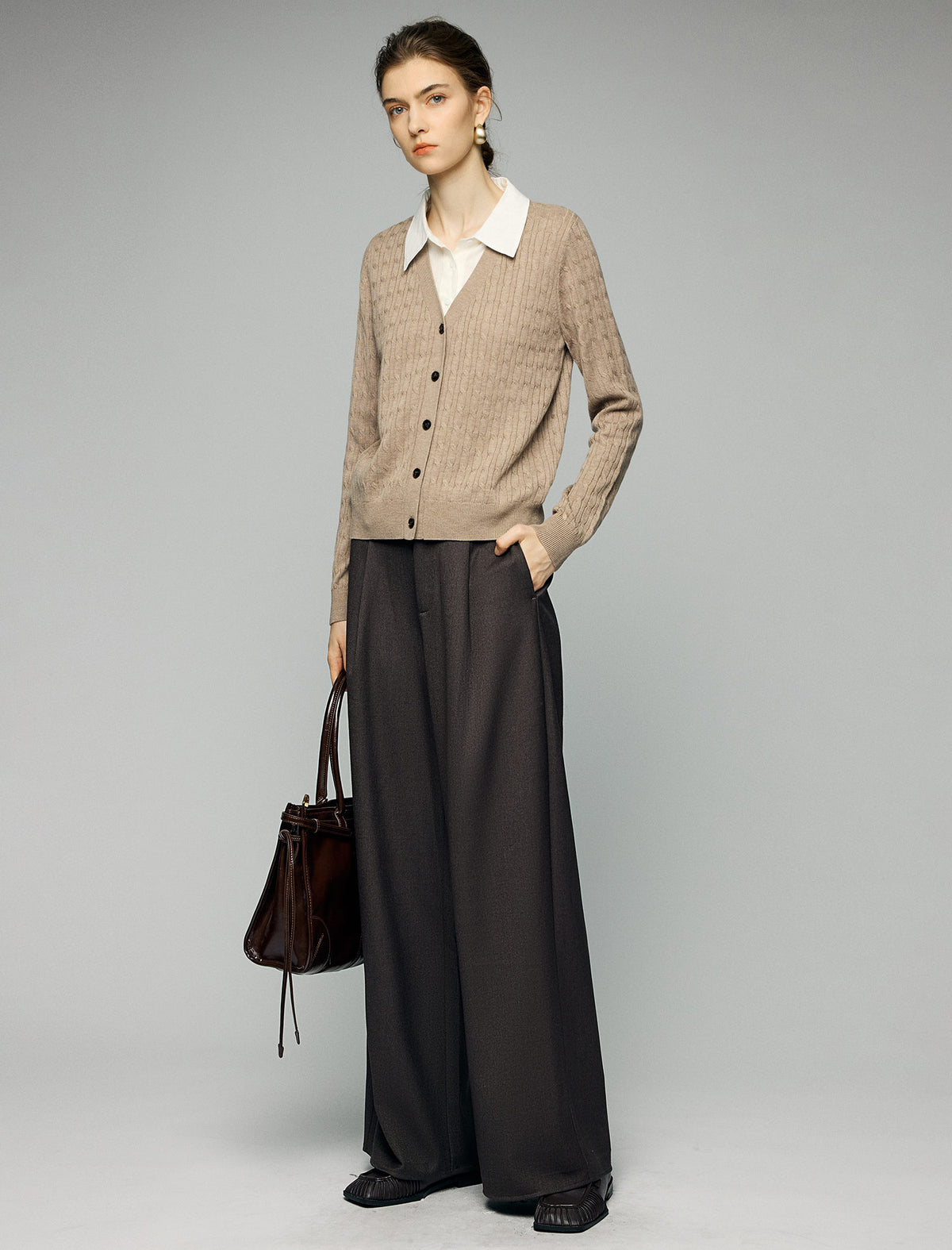 Wool Blend Cable-Knit V-Neck Button-Front Cardigan